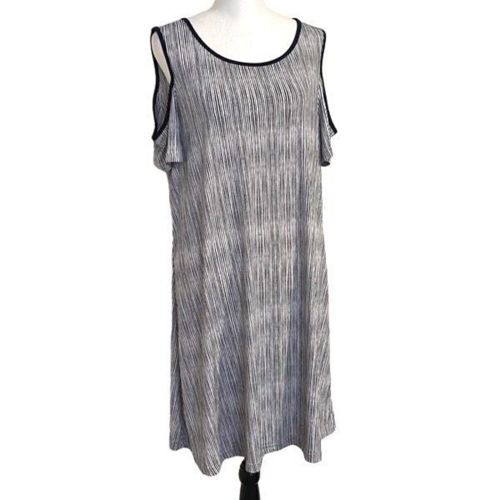 ELLE Women's Shift Dress Cold Shoulder Short Sleeve Striped Midi Large Navy Blue